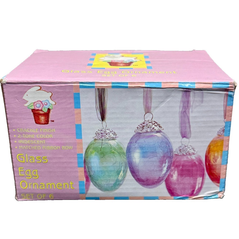 Vintage Spring Easter Crackle Glass Heavy Ornaments- Set of 6 Kugel Style Eggs - Picture 11 of 13